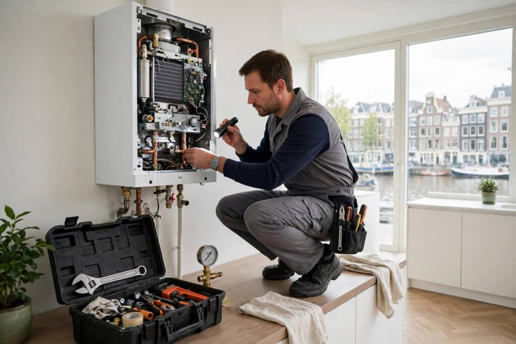 Een monteur controleert een CV-ketel tijdens een storing in Amsterdam.