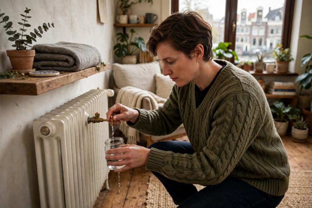 Een bewoner ontlucht een radiator in een woning in Amsterdam.